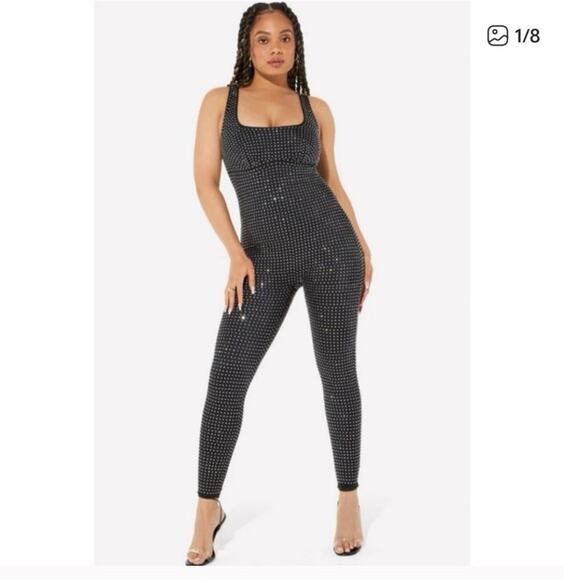 Yitty Black Catsuit Bedazzled Bodysuit Medium Full Length Onesie Rhinestone - Picture 4 of 9